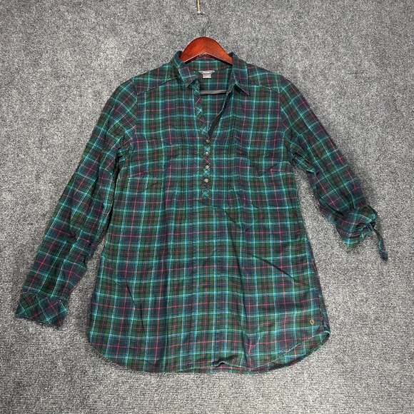 Eddie Bauer Shirt Womens Small Tartan Plaid Henley Top Roll Tab Sleeve Popover - Picture 1 of 9